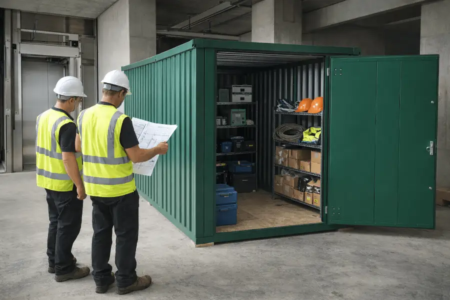 Two engineers checking stock inside a Door To Store unit at a commercial site